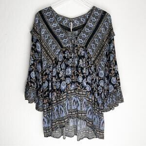 Free People Blue Black Boho Floral Ruffle Top XS